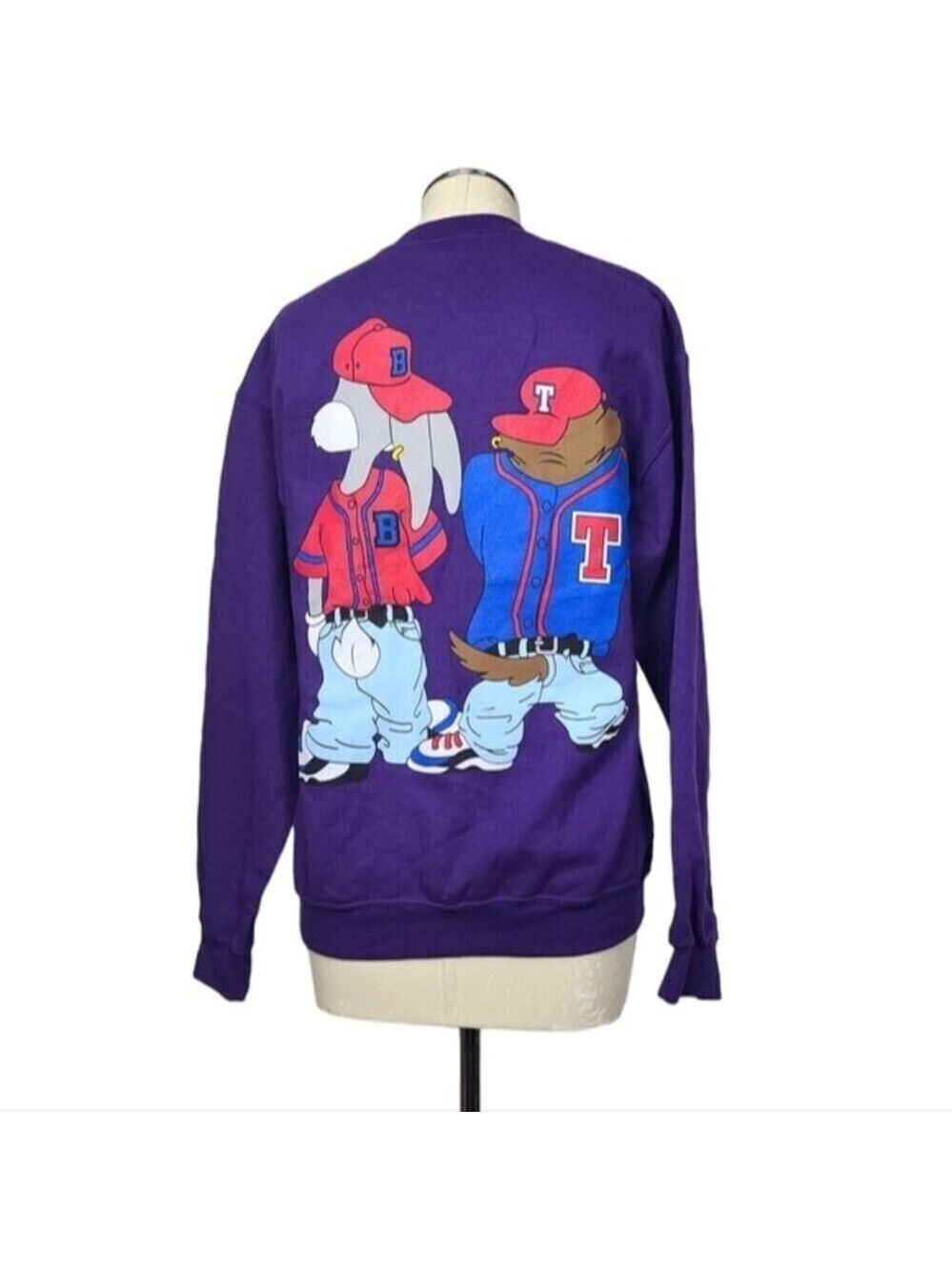 Looney Tunes Bugs Bunny Tasmanian Devil Baseball Purple Crewneck Vintage Sweater - Picture 5 of 8